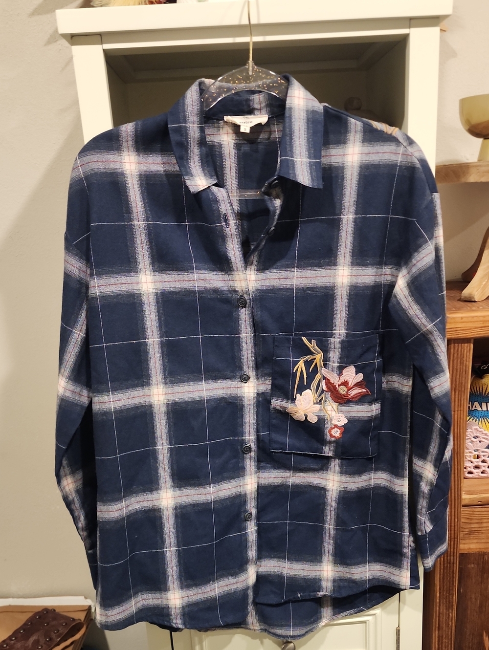 entro Women's Navy Plaid Button-Down Shirt with Embroidered Pocket